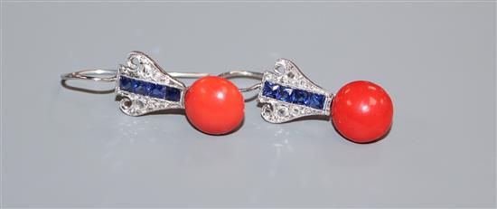 A pair of white metal, coral bead, diamond and synthetic? sapphire earrings 19mm.